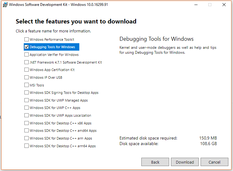 Windows SDK installer with only Debugging Tools for Windows selected, the part that provides symchk.exe