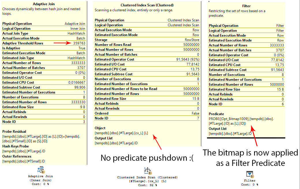 Adaptive Join picks HashMatch in batch mode, but the #TLarge scan reads all 50000000 rows; a Filter now applies the bitmap