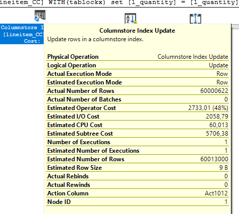 Columnstore Index Update tooltip: Actual Execution Mode Row for 60000622 rows, a single-threaded row mode update