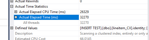 Clustered Index Scan time statistics: 26329 ms CPU, 32270 ms elapsed on a single thread, slower than the heap scan