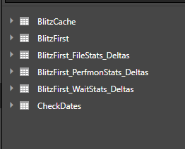 Tables in the FirstRespondersKit Power BI model: BlitzCache, BlitzFirst, the stats delta tables and CheckDates
