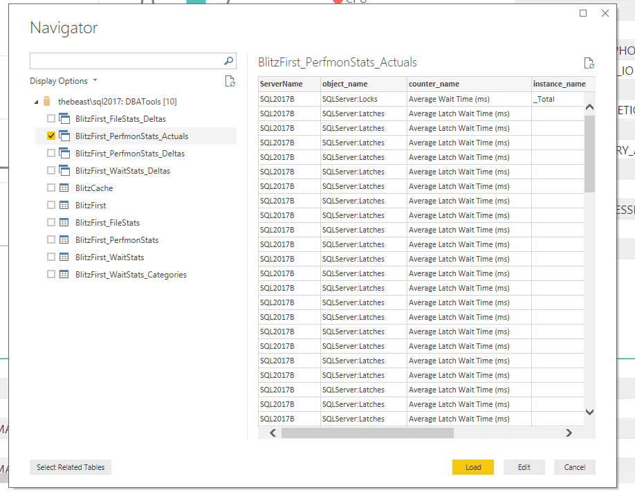 Power BI Navigator on the DBATools database with the BlitzFirst_PerfmonStats_Actuals view from Part 1 selected