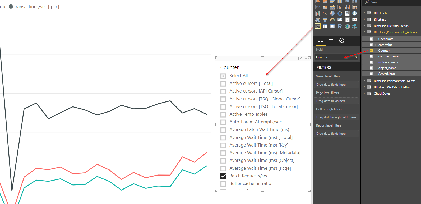 Counter slicer next to the line chart, with Batch Requests/sec checked to pick which counters it plots