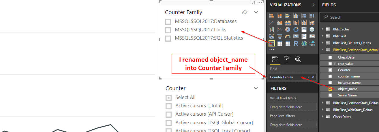 Counter Family slicer, object_name renamed, listing Databases, Locks and SQL Statistics to narrow the counter list