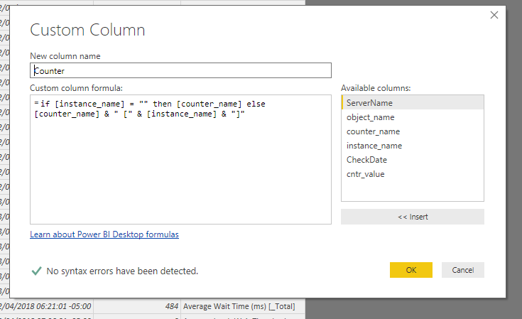 Custom Column dialog creating a Counter column that appends instance_name to counter_name when it isn’t empty