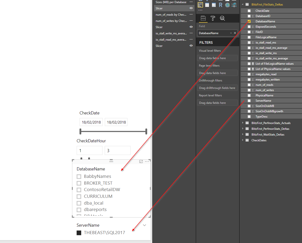 Filestats page slicers: CheckDate, CheckDateHour, DatabaseName and ServerName from BlitzFirst_FileStats_Deltas