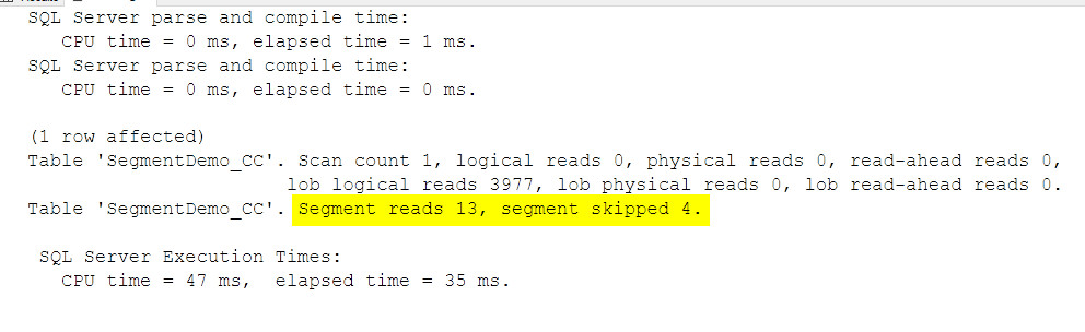 STATISTICS IO for the 400K-row range query on the unaligned index: Segment reads 13, segment skipped 4