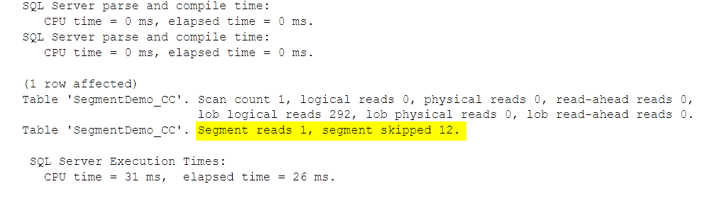 Same query after AlignColumnstore: Segment reads 1, segment skipped 12, and lob logical reads drop from 3977 to 292