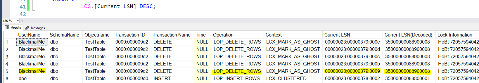 Updated script output with a Current LSN(Decoded) column: the first BlackmailMe delete maps to restore LSN 35000000088900008