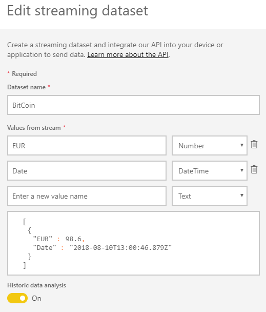 Edit streaming dataset form: dataset BitCoin with an EUR Number value, a Date DateTime value and historic data analysis on