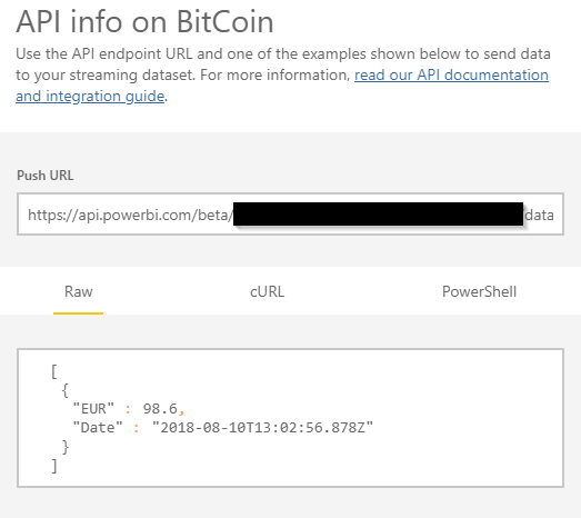 API info on BitCoin: the streaming dataset’s Push URL, key redacted, and a raw JSON sample with EUR and Date fields