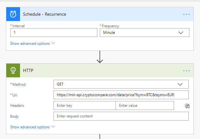 Microsoft Flow steps: a Recurrence trigger every 1 minute, then an HTTP GET to the CryptoCompare BTC to EUR price API