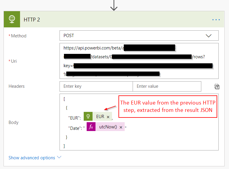 Flow HTTP 2 step: POST to the Power BI push URL with a JSON body of the EUR value from the previous step and utcNow() as Date