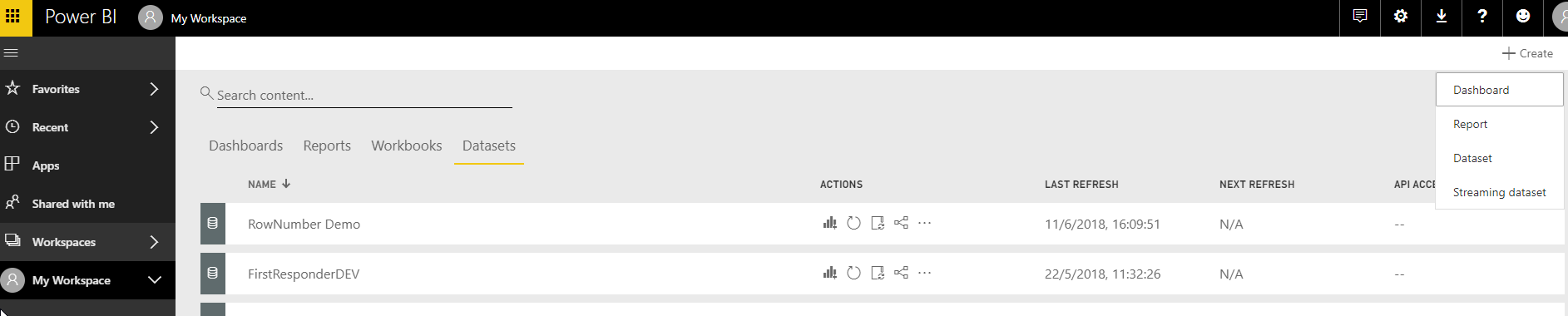 Power BI My Workspace on the Datasets tab, with the Create menu open on the Streaming dataset option