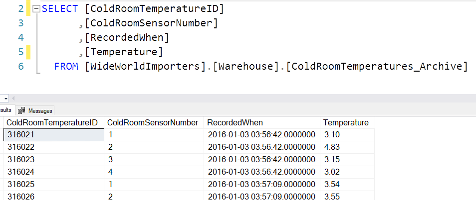Sample rows from WideWorldImporters ColdRoomTemperatures_Archive: temperature readings for ColdRoomSensorNumber 1 to 4