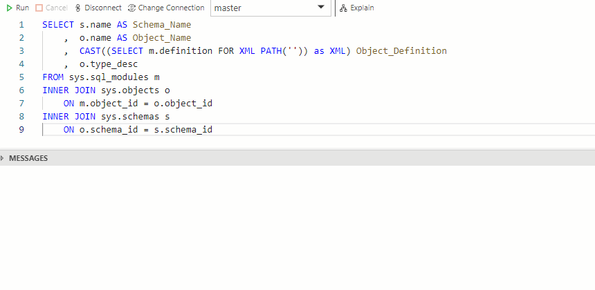 Azure Data Studio: the FOR XML PATH(’’) query returns clickable XML that opens each definition with < escaped automatically