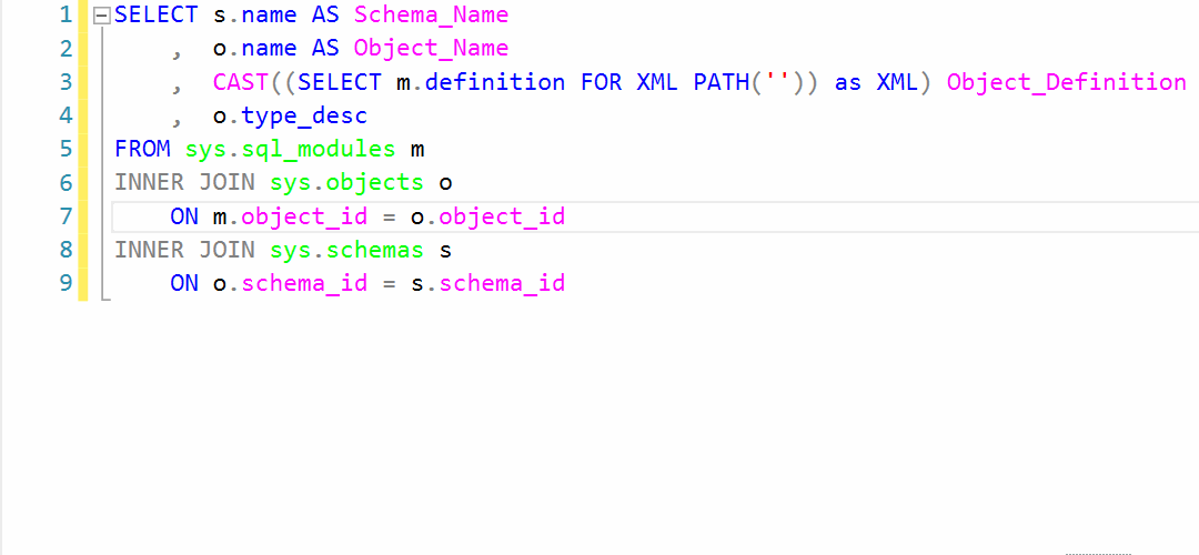 SSMS: clicking the Object_Definition XML opens the sp_hexadecimal code in a new window, with < escaped automatically