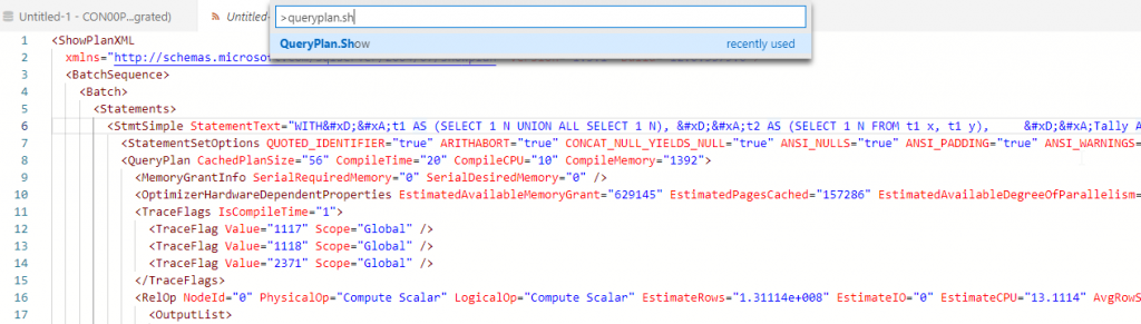 Command palette with QueryPlan.Show selected while an XML showplan is open in the Azure Data Studio editor
