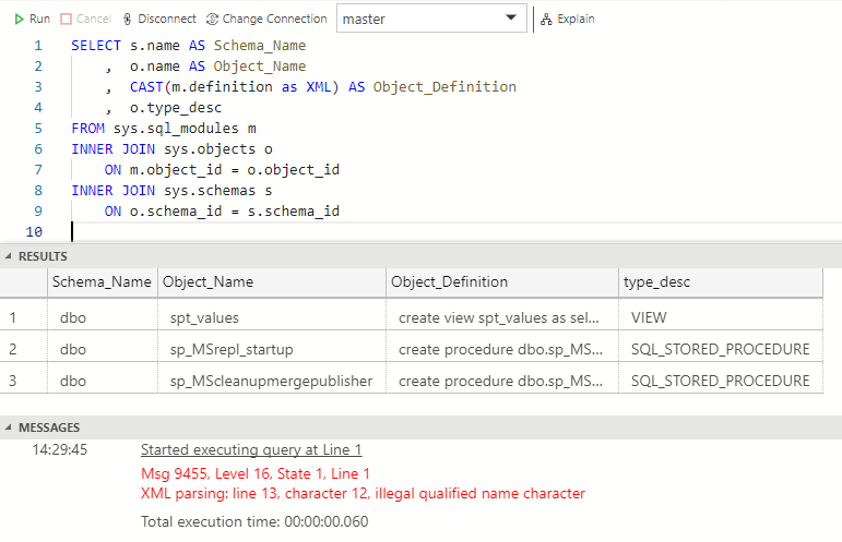 CAST(m.definition AS XML) on sys.sql_modules fails with Msg 9455, XML parsing: illegal qualified name character