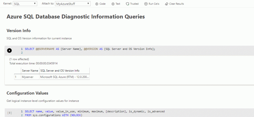 Diagnostic notebook in Azure Data Studio: each query cell has its own play button, plus Run Cells in the toolbar