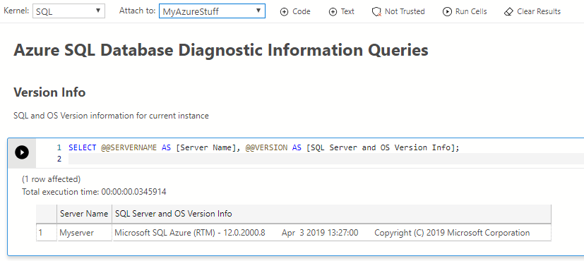 SQL notebook in Azure Data Studio: a diagnostic query cell for Azure SQL Database with its Version Info result saved below
