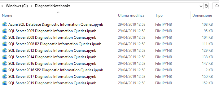 Output folder with 10 generated .ipynb diagnostic notebooks, from Azure SQL Database to SQL Server 2019