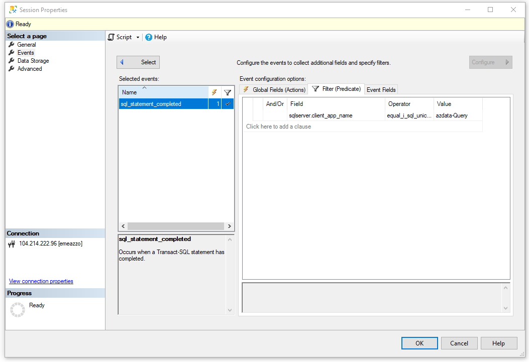 Extended Events session on sql_statement_completed, filtered on client_app_name equal to azdata-Query (Azure Data Studio)