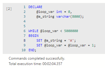 WHILE loop of 5,000,000 iterations that only sets two variables, total execution time 00:02:04.357