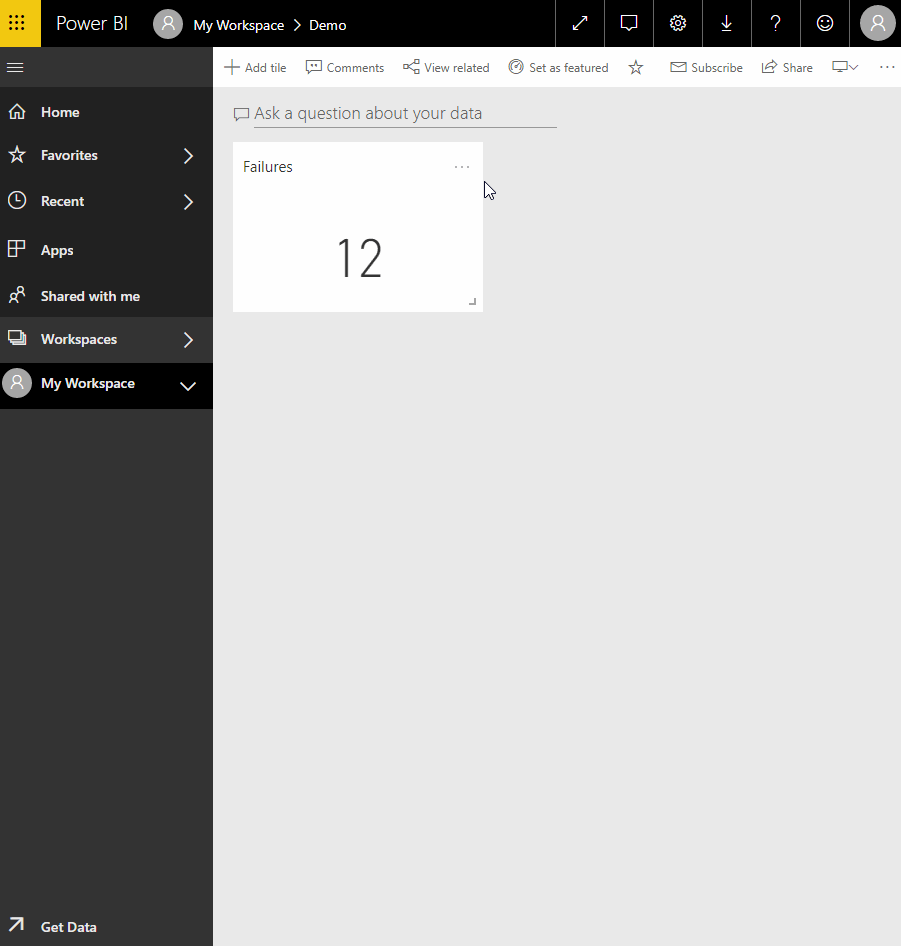Manage alerts on the pinned Failures tile: condition Above, threshold 0, and the Use Microsoft Flow link below
