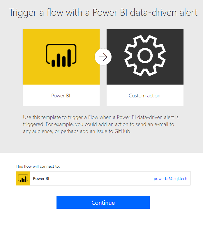 Microsoft Flow template Trigger a flow with a Power BI data-driven alert, connecting Power BI to a custom action