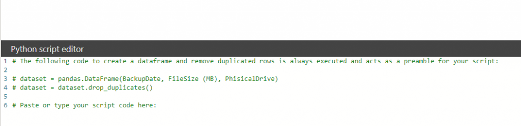 Python script editor with the generated preamble building a pandas DataFrame from BackupDate, FileSize (MB), PhisicalDrive