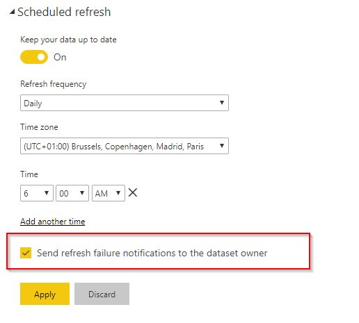 Power BI scheduled refresh settings: the only alert option is Send refresh failure notifications to the dataset owner