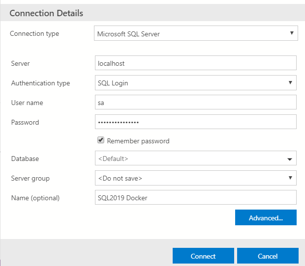 Azure Data Studio connection to localhost with SQL Login as sa, named SQL2019 Docker