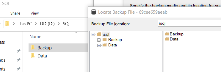 SSMS Locate Backup File dialog showing \sql with the Backup and Data folders of D:\SQL on the Windows host