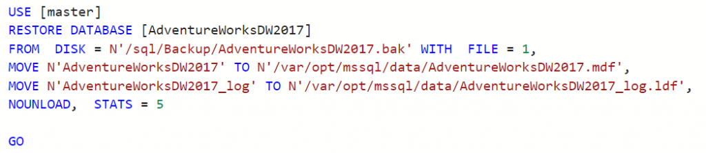 RESTORE of AdventureWorksDW2017 reading /sql/Backup with forward slashes, the Linux path inside the container