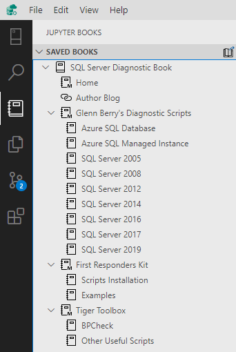Azure Data Studio Jupyter Books pane: SQL Server Diagnostic Book index, Glenn Berry’s scripts, First Responders Kit