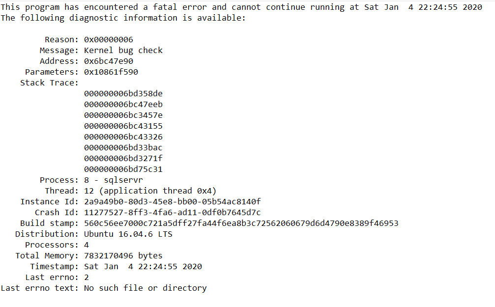 sqlservr fatal error, Kernel bug check reason 0x00000006, after mapping /var/opt/mssql to a Windows host folder
