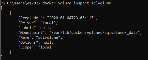 docker volume inspect sqlvolume: local driver, Mountpoint /var/lib/docker/volumes/sqlvolume/_data, unreachable from Explorer