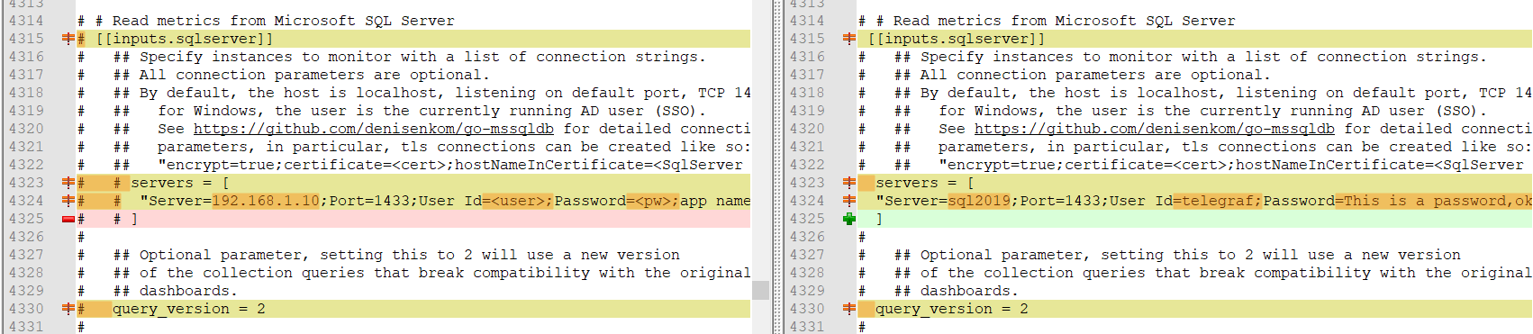 telegraf.conf diff: inputs.sqlserver servers uncommented with Server=sql2019 and the telegraf login, query_version = 2