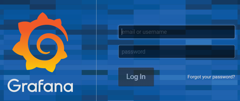 Grafana login page on localhost port 3000, where the default username and password are admin/admin