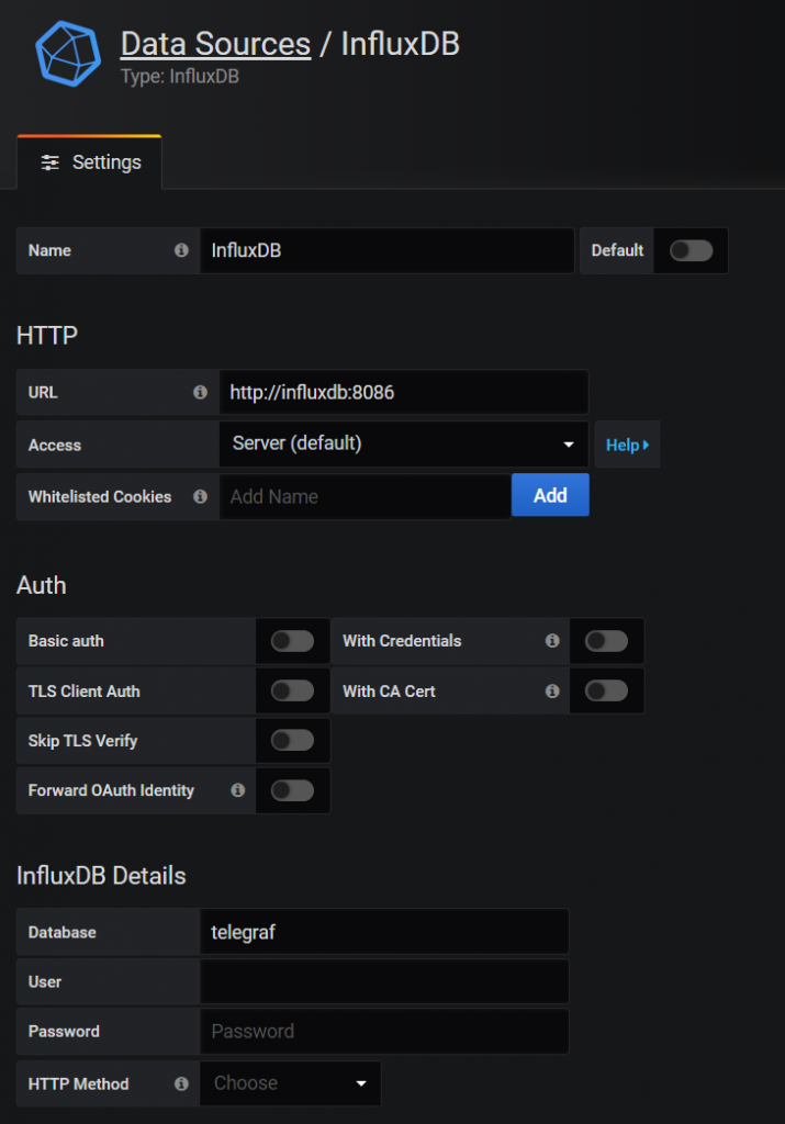 Grafana InfluxDB data source settings: URL http://influxdb:8086, Server access, database telegraf