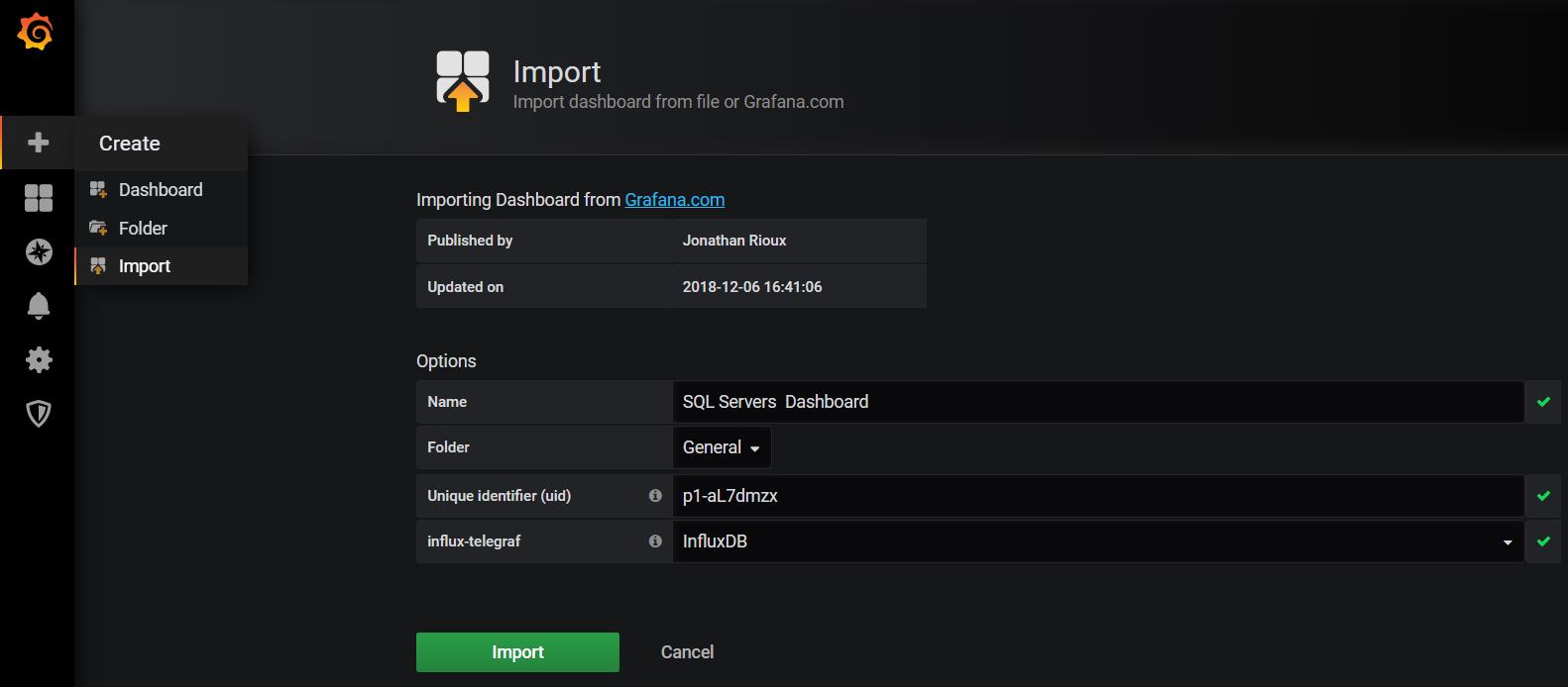 Grafana Import page loading Jonathan Rioux’s SQL Servers Dashboard from Grafana.com with InfluxDB as data source