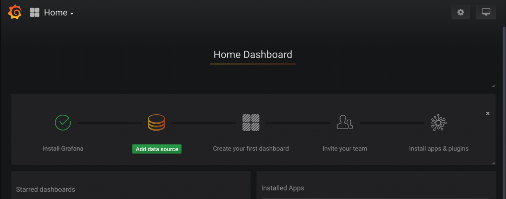 Grafana Home Dashboard checklist with Install Grafana done and Add data source as the next step