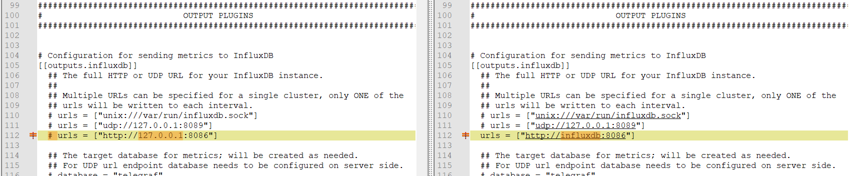 telegraf.conf diff: outputs.influxdb urls line uncommented, 127.0.0.1:8086 replaced by container name http://influxdb:8086