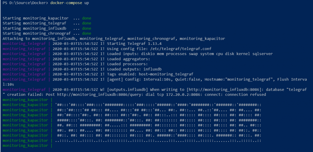 docker-compose up starting the four containers, a transient Telegraf connection refused to InfluxDB and Kapacitor ASCII art