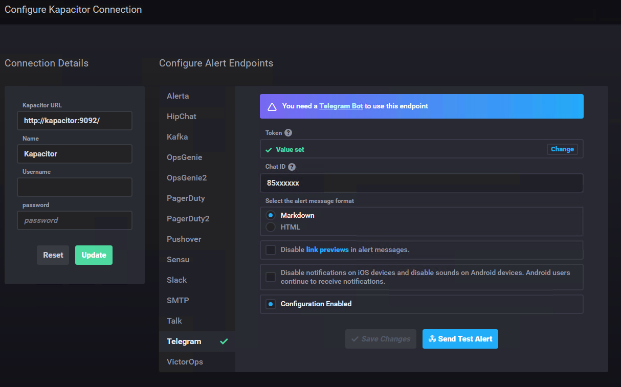 Chronograf Kapacitor alert endpoints: Telegram enabled with bot token and chat ID, alongside Slack, PagerDuty and SMTP
