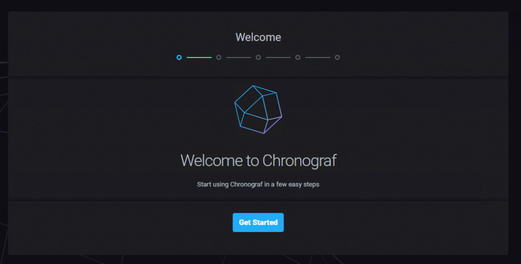Chronograf welcome screen on port 8888 with a Get Started button that opens the setup wizard