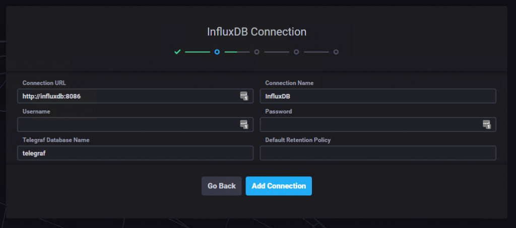 Chronograf setup wizard: InfluxDB connection to http://influxdb:8086 with telegraf as the database name