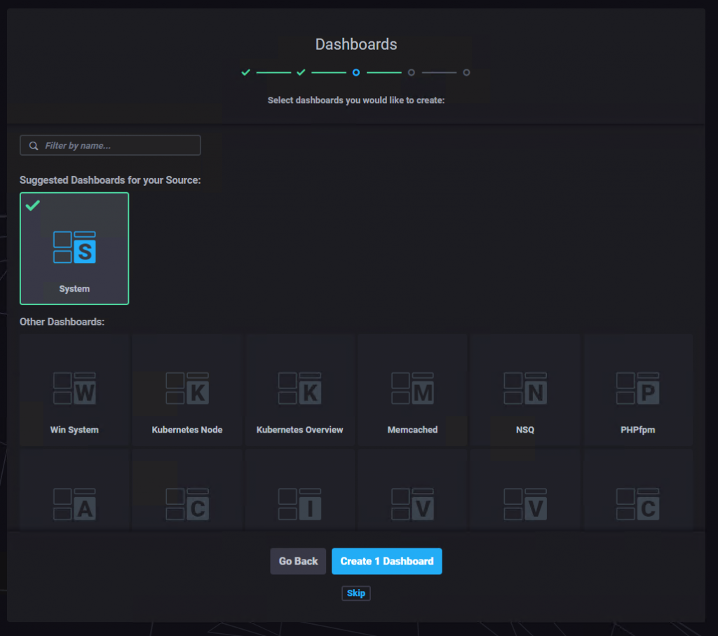 Chronograf setup wizard: suggested System dashboard selected among premade ones such as Win System and Kubernetes