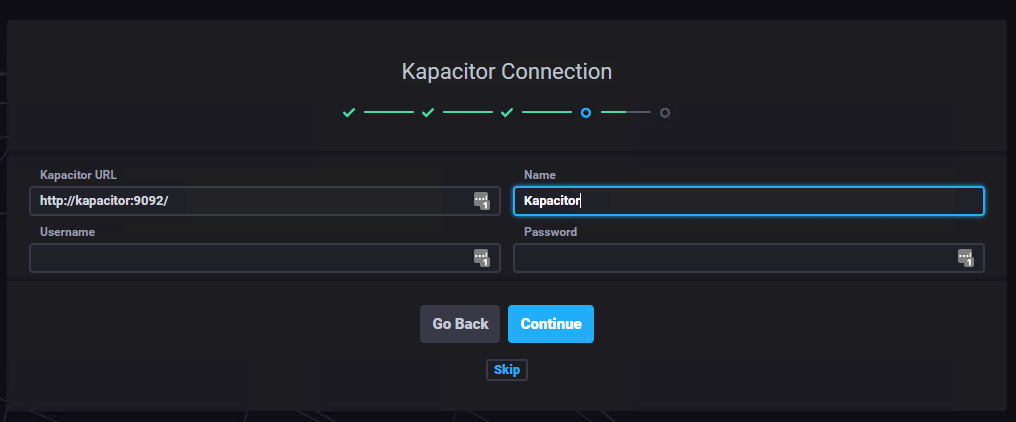 Chronograf setup wizard: Kapacitor connection to http://kapacitor:9092/